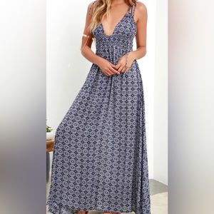 Lulu’s Field Day Navy Blue Print Tie-Strap Maxi Dress. SMALL.